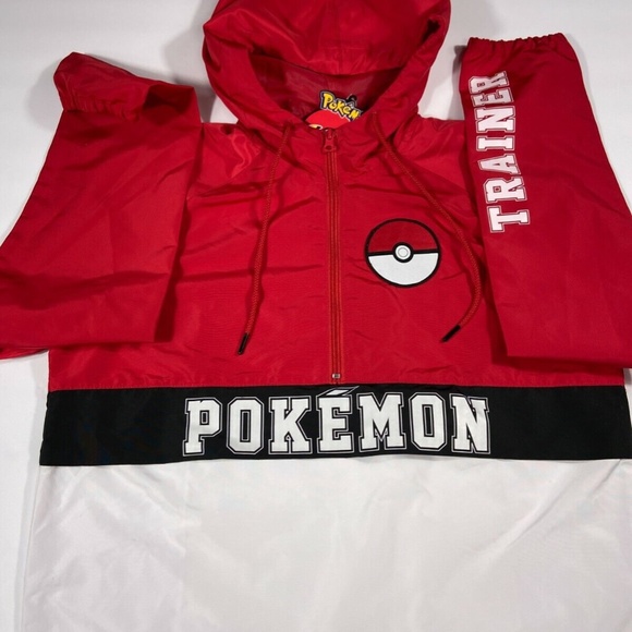 NEW Pokemon Trainer Half-Zip Hooded Anorak Windbreaker Jacket Red White Size SM - Picture 6 of 8